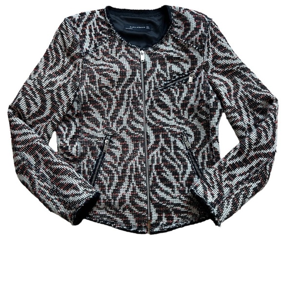 Zara Woman black white and red animal print zipper jacket blazer size XS - Picture 4 of 9